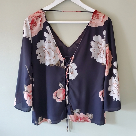 Dynamite S Soft Romantic Whimsigoth Fairy Grunge Floral Criss-Cross Back Blouse - Picture 7 of 11